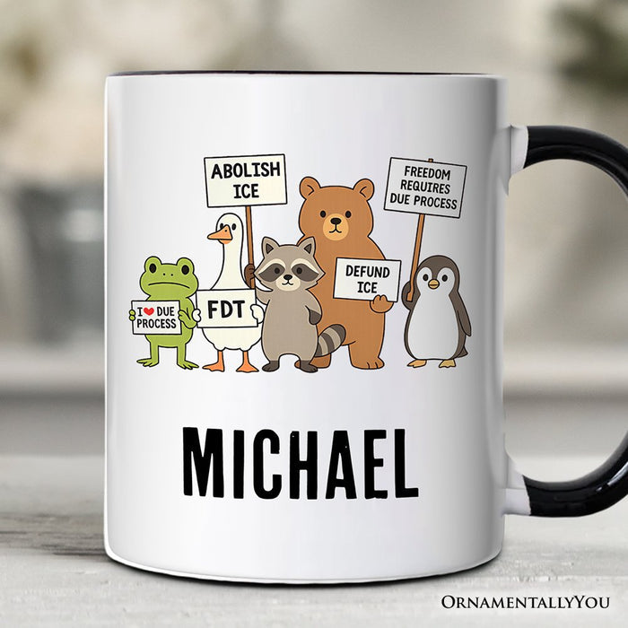 Abolish ICE Animals Protest Personalized Mug, Cute Activist Gift with Custom Name Personalized Ceramic Mug OrnamentallyYou Black Handle Customized