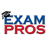 Exam Pros logo with blue uppercase text and a black graduation cap on the letter E above red text on a white background