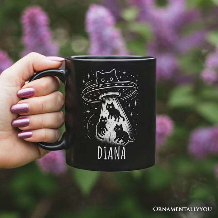 Alien Cat Abduction Personalized Mug, Funny UFO Space Cats Cosmic Gift with Custom Name Personalized Ceramic Mug OrnamentallyYou