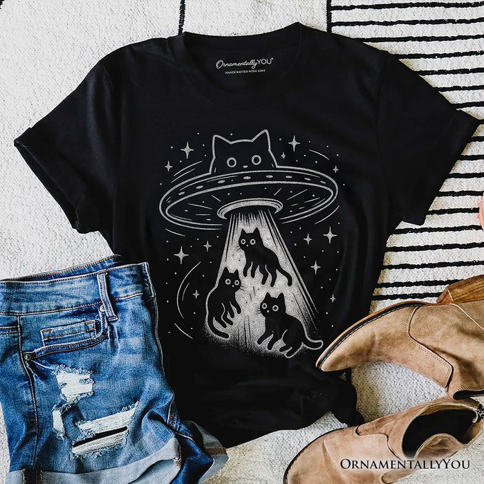 Alien Cat Abduction T-Shirt, Funny UFO Space Cats Cosmic Tee T-Shirts OrnamentallyYou Black XS