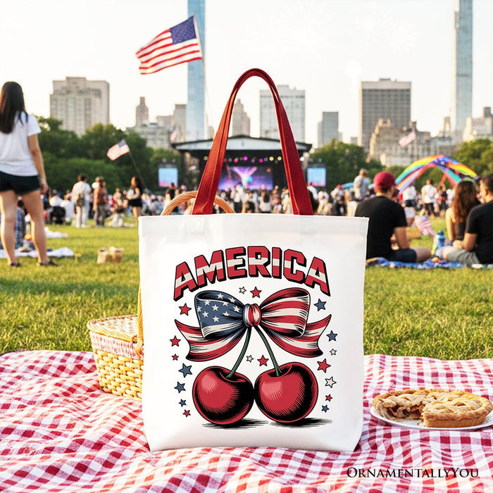 America Coquette Cherries Tote Bag, Patriotic 4th of July Gift Shopper Tote Bag OrnamentallyYou Red Handle