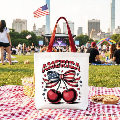 America Coquette Cherries Tote Bag, Patriotic 4th of July Gift Shopper Tote Bag OrnamentallyYou Red Handle