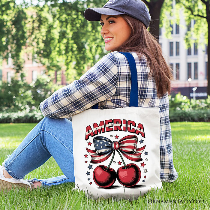 America Coquette Cherries Tote Bag, Patriotic 4th of July Gift Shopper Tote Bag OrnamentallyYou