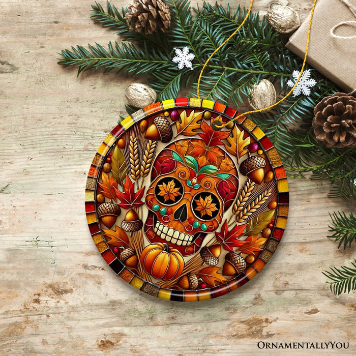 Autumn Harvest Sugar Skull Ornament, Vibrant Fall Foliage Christmas Gift and Decor Ceramic Ornament OrnamentallyYou