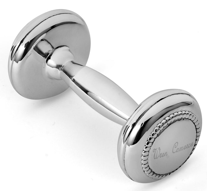 Beaded Sterling Silver Dumbbell Baby Rattle by Krysaliis showing the central grip and rounded ends