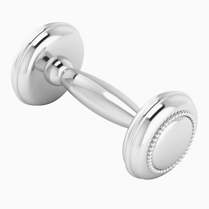 Beaded Sterling Silver Dumbbell Baby Rattle by Krysaliis showing the central grip and rounded ends