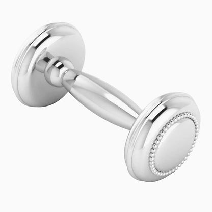 Beaded Sterling Silver Dumbbell Baby Rattle by Krysaliis showing the central grip and rounded ends