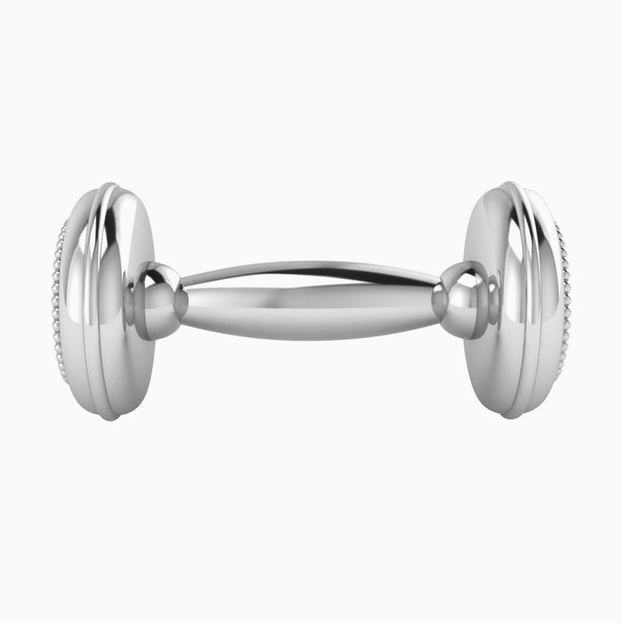 Beaded Sterling Silver Dumbbell Baby Rattle by Krysaliis showing the central grip and rounded ends