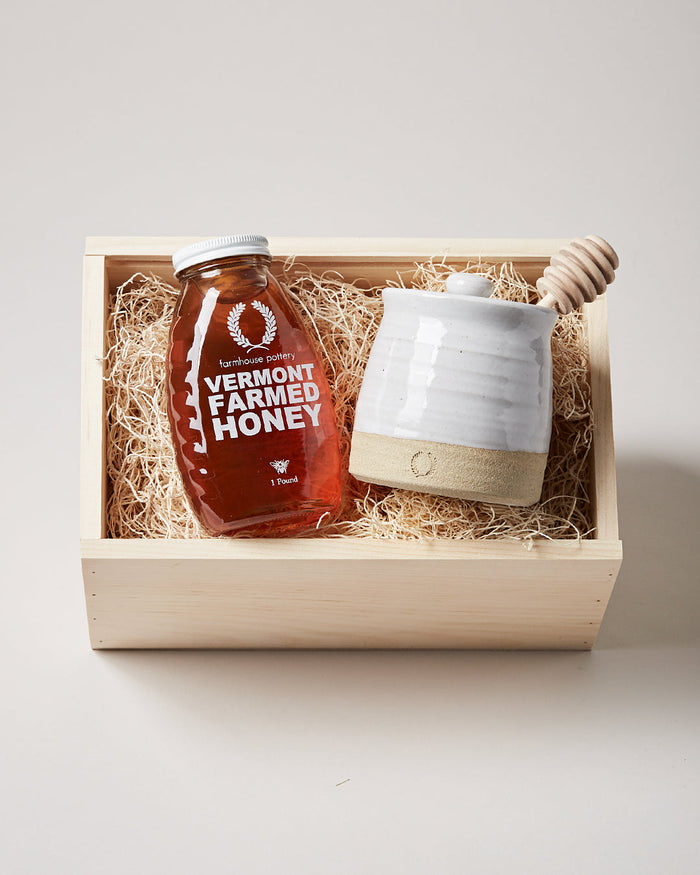 Beehive Honey Pot and Vermont Honey — honey pot and honey packed in a wooden gift box; Farmhouse Pottery
