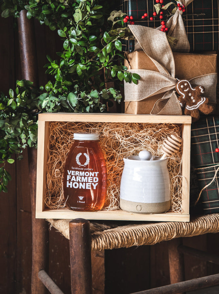 Beehive Honey Pot and Vermont Honey — gift box in a festive setting; Farmhouse Pottery
