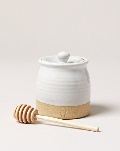 Beehive Stoneware Honey Pot with Dipper — lidded honey pot with wooden dipper; Farmhouse Pottery