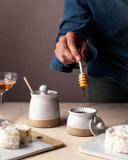 Beehive Stoneware Honey Pot with Dipper — honey pot opened beside cheese and honey; Farmhouse Pottery