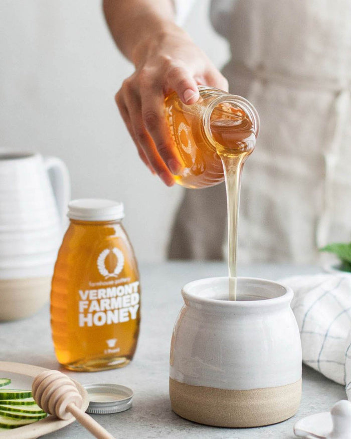 Beehive Stoneware Honey Pot with Dipper — honey poured into the pot; Farmhouse Pottery