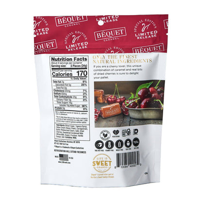 Béquet caramel product packaging with cherry imagery on a white background