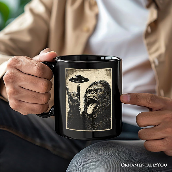 Bigfoot UFO Funny Personalized Mug, Rock and Roll Sasquatch Meme Gift with Custom Name Personalized Ceramic Mug OrnamentallyYou