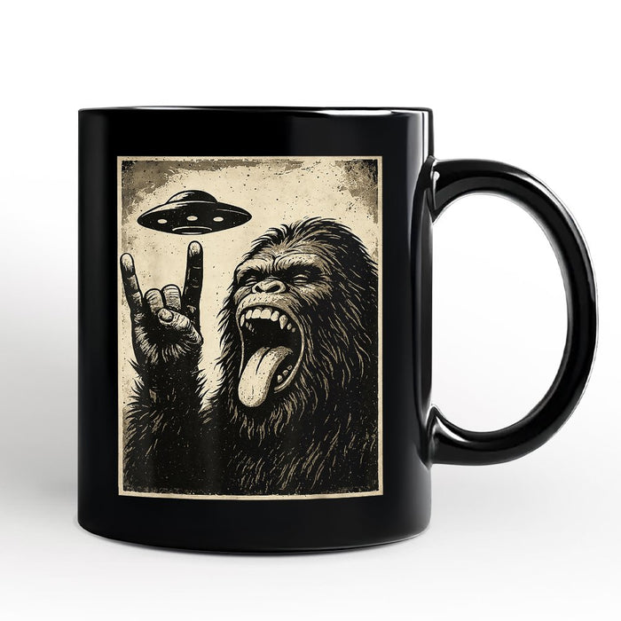 Bigfoot UFO Funny Personalized Mug, Rock and Roll Sasquatch Meme Gift with Custom Name Personalized Ceramic Mug OrnamentallyYou Black Non-Custom