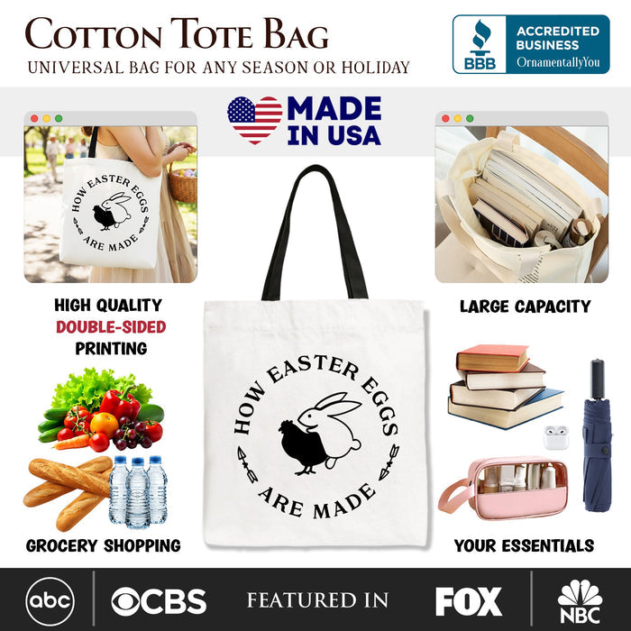 Bold Funny Easter Bunny Sarcastic Tote Bag, How Easter Eggs Are Made Gift Shopper Tote Bag OrnamentallyYou
