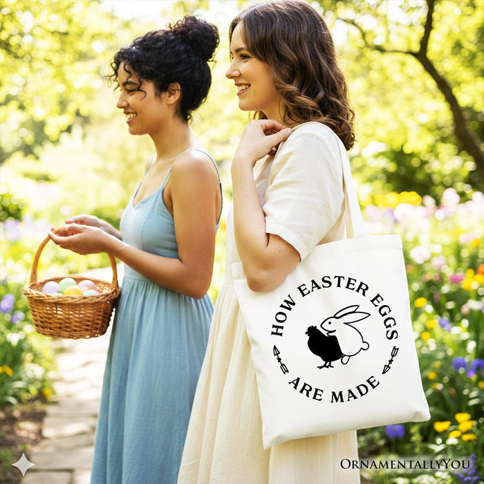 Bold Funny Easter Bunny Sarcastic Tote Bag, How Easter Eggs Are Made Gift Shopper Tote Bag OrnamentallyYou