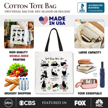 Book Cat God Says I Am Tote Bag, Christian Bible Verse Faith Gift Shopper Tote Bag OrnamentallyYou