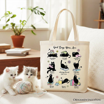 Book Cat God Says I Am Tote Bag, Christian Bible Verse Faith Gift Shopper Tote Bag OrnamentallyYou Beige