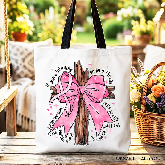 Breast Cancer Pink Bow Cross Tote Bag, Awareness Faith Christian Gift Shopper Tote Bag OrnamentallyYou Black Handle