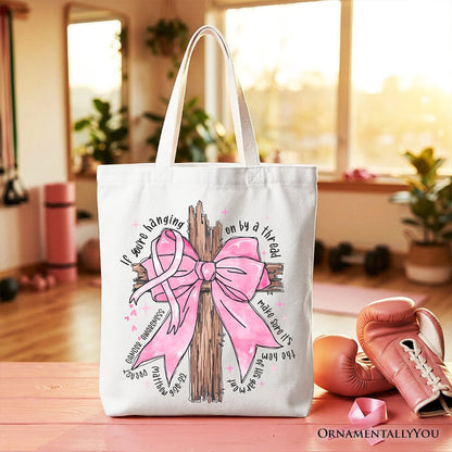 Breast Cancer Pink Bow Cross Tote Bag, Awareness Faith Christian Gift Shopper Tote Bag OrnamentallyYou White