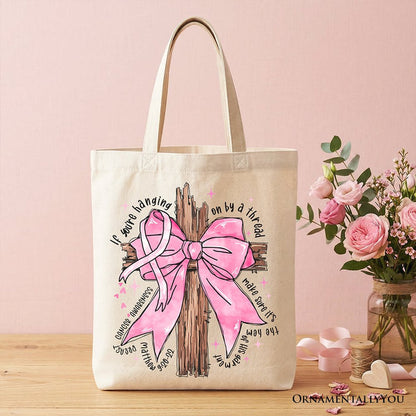Breast Cancer Pink Bow Cross Tote Bag, Awareness Faith Christian Gift Shopper Tote Bag OrnamentallyYou Beige