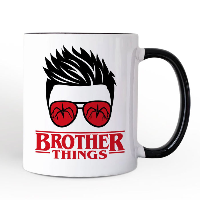 Brother Things Retro Personalized Mug, Red Glasses Family Matching Gift with Custom Name Personalized Ceramic Mug OrnamentallyYou Black Handle Non-Custom