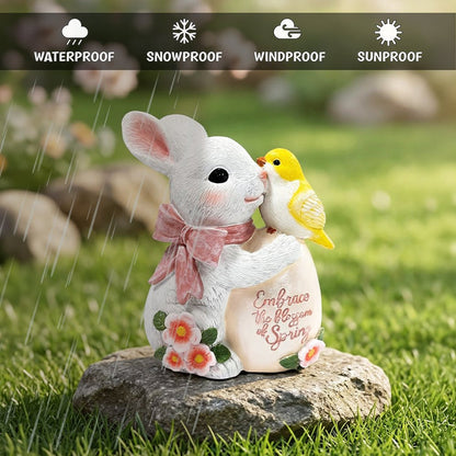 Bunny and Yellow Bird Easter Garden Statue, 7" Spring Rabbit Figurine Outdoor Decor Resin Statues OrnamentallyYou