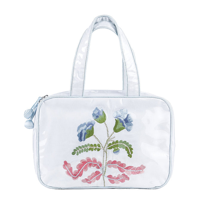 Blue-trimmed Carnation hanging cosmetic bag, closed by Lenora