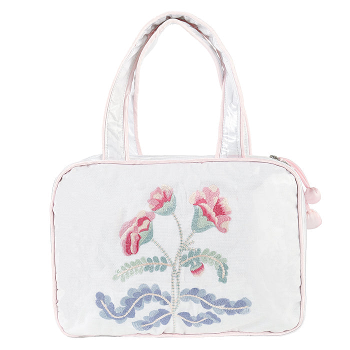Pink-trimmed Carnation hanging cosmetic bag, closed by Lenora