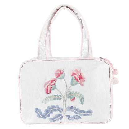 Pink-trimmed Carnation hanging cosmetic bag, closed by Lenora