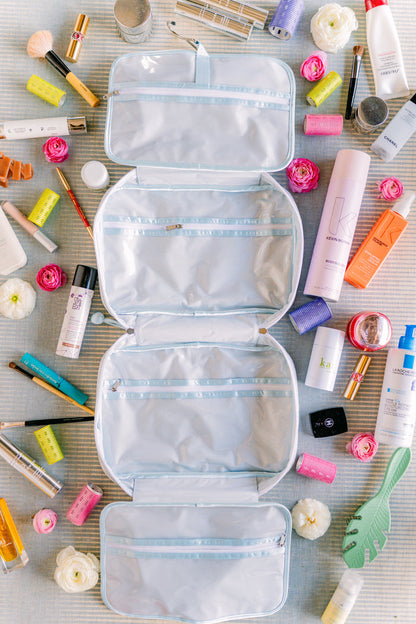 Open Carnation hanging bag showing interior compartments by Lenora