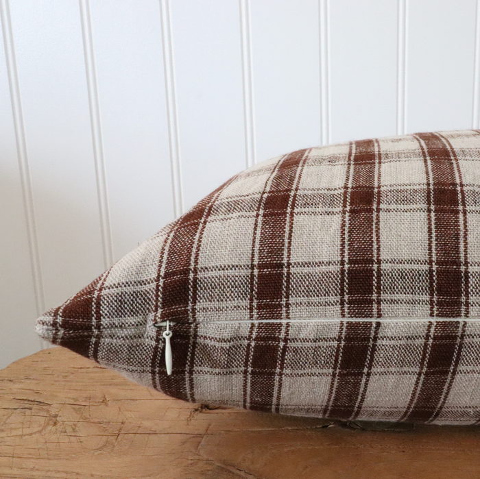 Cedar Red Brown Woven Cotton Plaid Pillow Cover — close view of the broad check and zipper; Danielle Oakey Shop