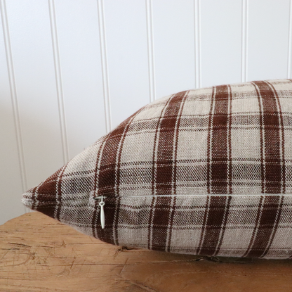 Cedar Red Brown Woven Cotton Plaid Pillow Cover — close view of the broad check and zipper; Danielle Oakey Shop