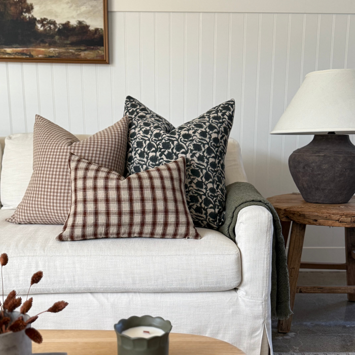 Cedar Red Brown Woven Cotton Plaid Pillow Cover — red brown plaid square among contrasting florals; Danielle Oakey Shop