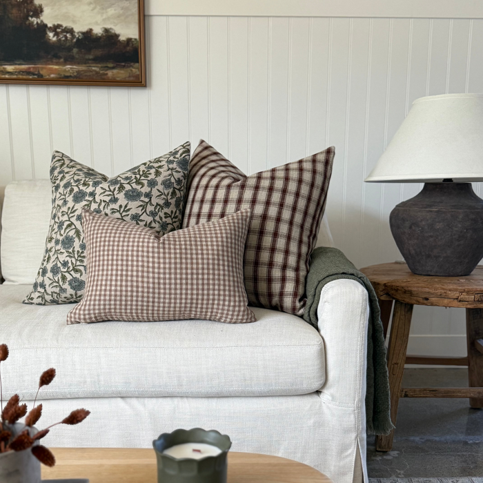 Cedar Red Brown Woven Cotton Plaid Pillow Cover — woven plaid square behind a fine tan gingham lumbar; Danielle Oakey Shop