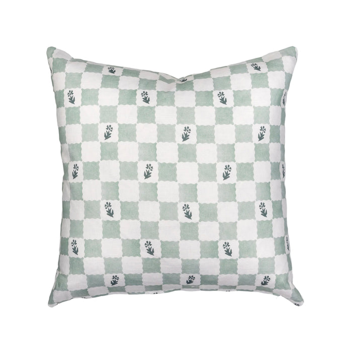 Check Fleur Green Cotton-Linen Pillow Cover - 20 × 20 in. — overall product view