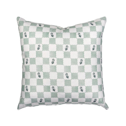 Check Fleur Green Cotton-Linen Pillow Cover - 20 × 20 in. — overall product view