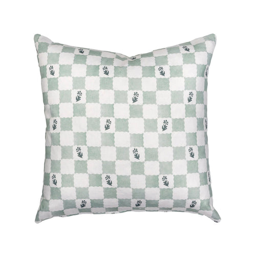 Check Fleur Green Cotton-Linen Pillow Cover - 20 × 20 in. — overall product view