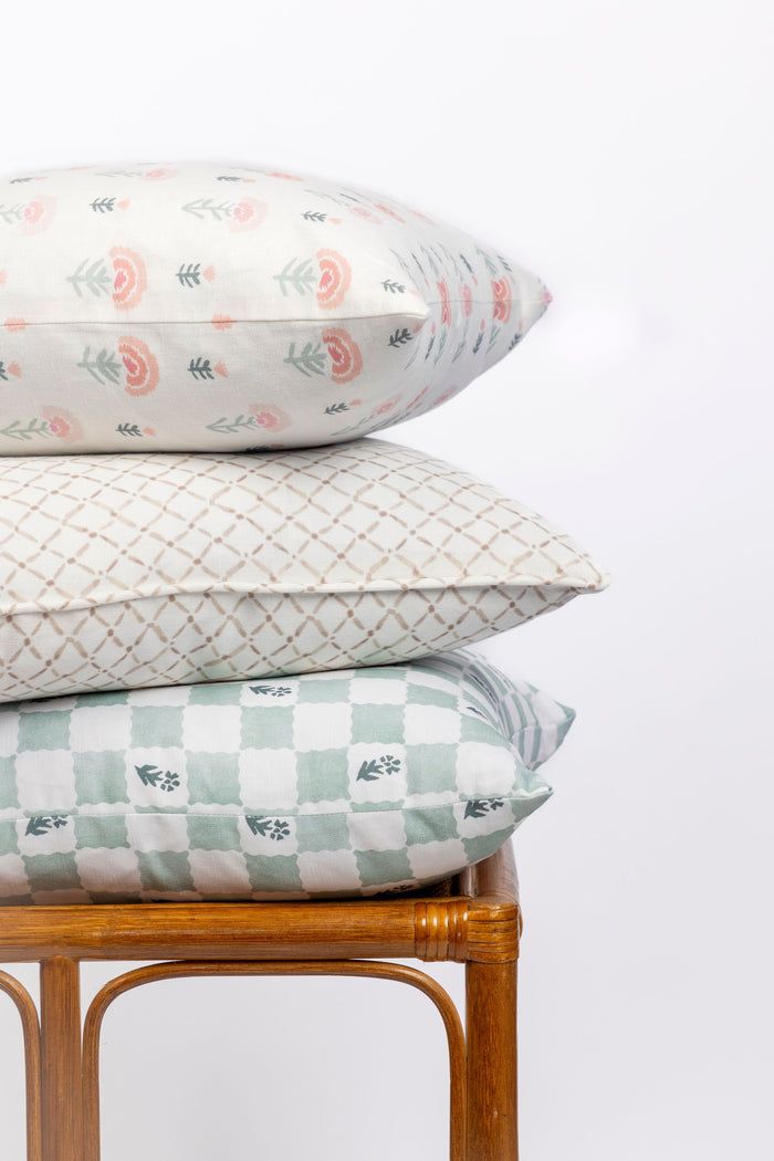 Check Fleur Green Cotton-Linen Pillow Cover - 20 × 20 in. — styled pillow collection; this listing is for the cover only