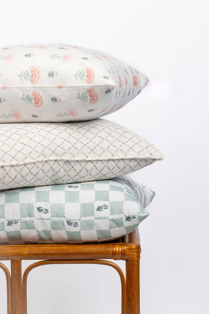 Check Fleur Green Cotton-Linen Pillow Cover - 20 × 20 in. — styled pillow collection; this listing is for the cover only