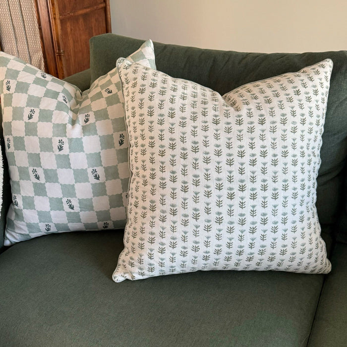 Check Fleur Green Cotton-Linen Pillow Cover - 20 × 20 in. — styled pillow collection; this listing is for the cover only