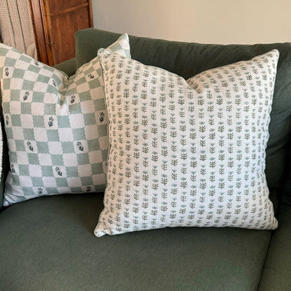 Check Fleur Green Cotton-Linen Pillow Cover - 20 × 20 in. — styled pillow collection; this listing is for the cover only