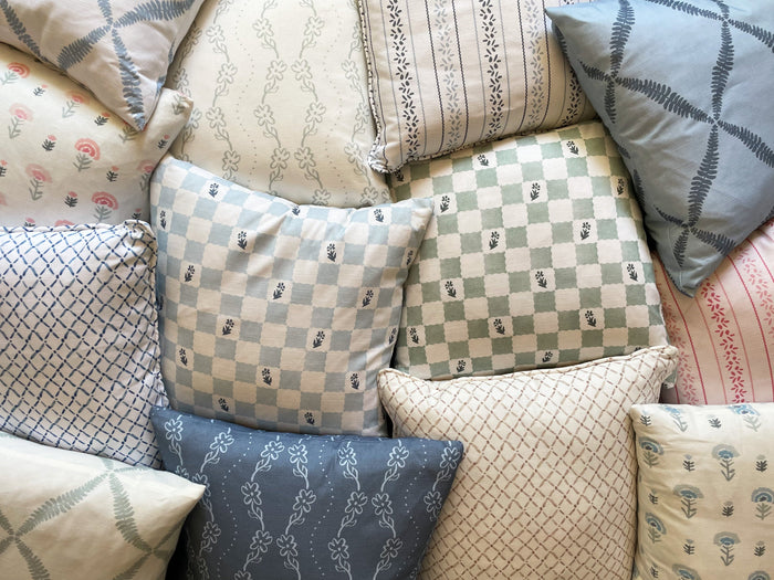 Check Fleur Green Cotton-Linen Pillow Cover - 20 × 20 in. — styled pillow collection; this listing is for the cover only