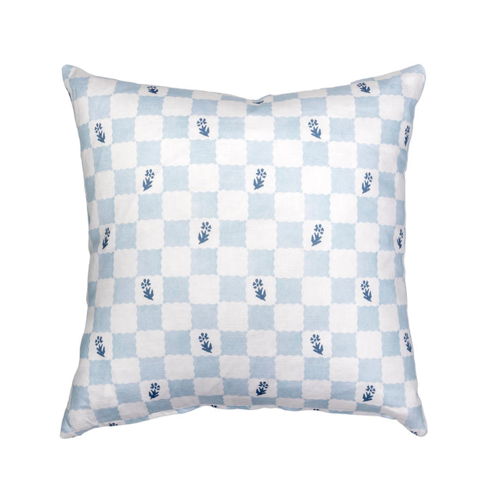 Check Fleur Soft Blue Cotton-Linen Pillow Cover - 20 × 20 in. — overall product view
