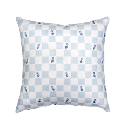 Check Fleur Soft Blue Cotton-Linen Pillow Cover - 20 × 20 in. — overall product view