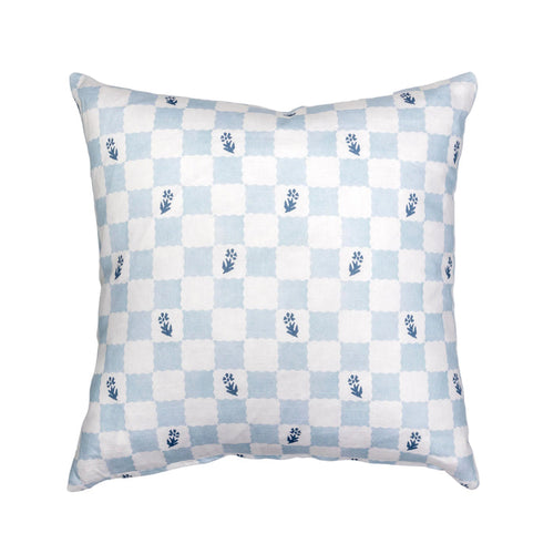 Check Fleur Soft Blue Cotton-Linen Pillow Cover - 20 × 20 in. — overall product view