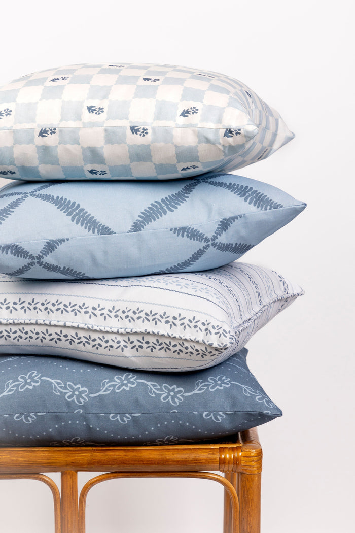 Check Fleur Soft Blue Cotton-Linen Pillow Cover - 20 × 20 in. — styled pillow collection; this listing is for the cover only