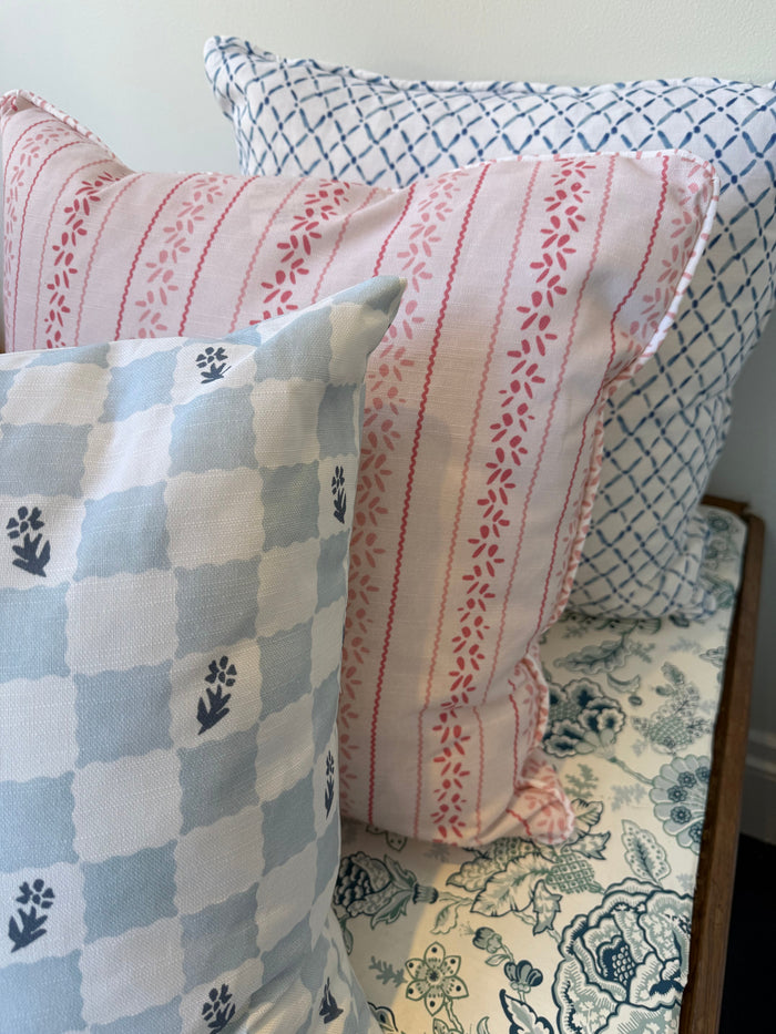 Check Fleur Soft Blue Cotton-Linen Pillow Cover - 20 × 20 in. — styled pillow collection; this listing is for the cover only